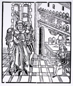 Aptekarz, z „Das Buch der Cirugia” wydanego w Strasburgu, 1497